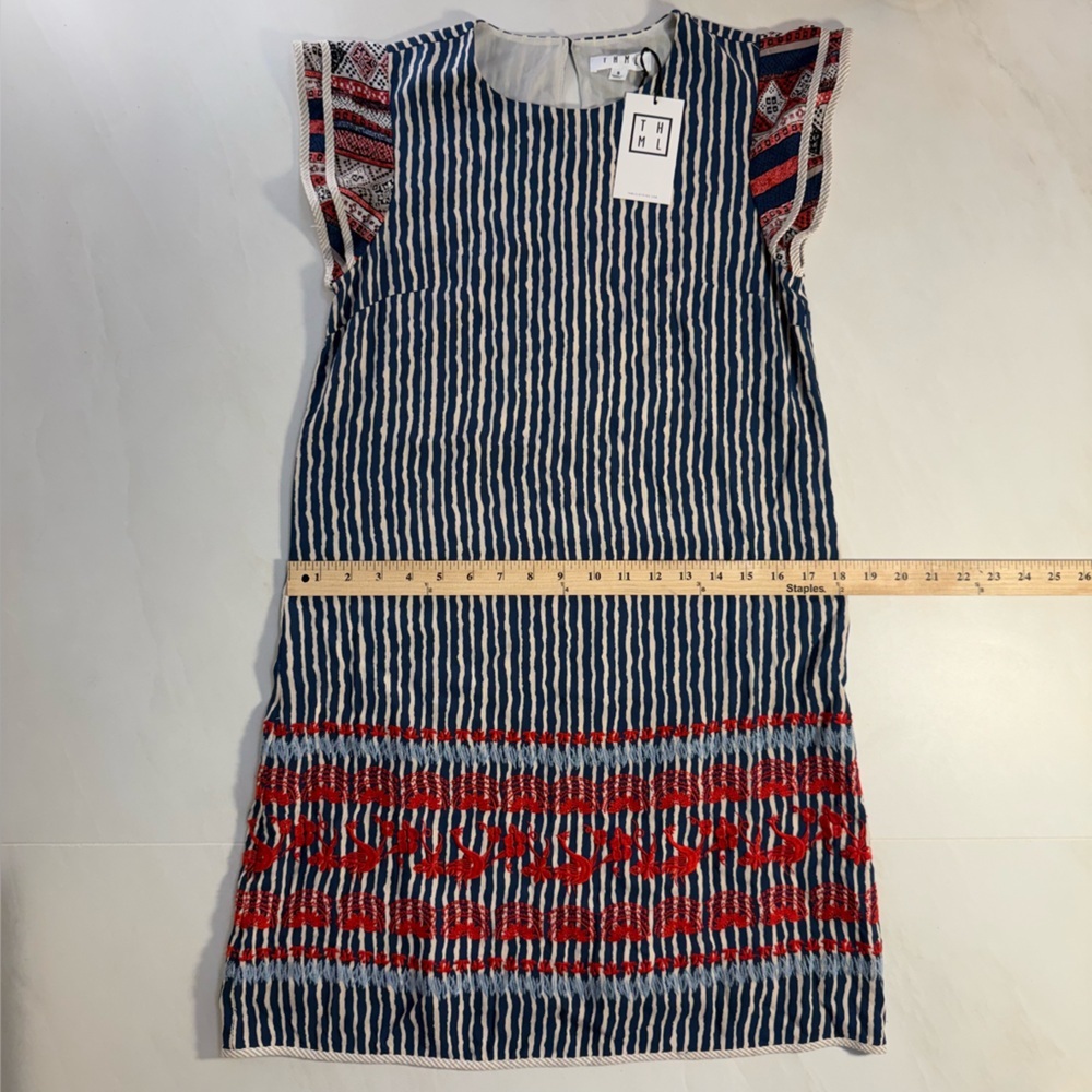 THML Blue White Red Embroidered Dress Sz S Boho Tribal Stripe - Picture 3 of 5